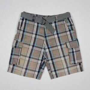 AirWalk Plaid Cotton Cargo Shorts Mens 34 M Belted Flat Front Casual Lightweight